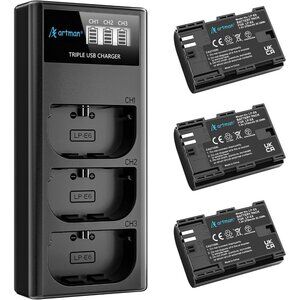 Artman LP-E6N LP-E6 Battery 3-Pack 2750mAh and 3-Slot LCD Charger for EOS R R5 R